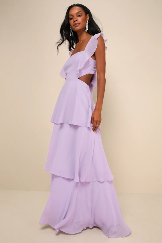 Romantic Chiffon Evening Dresses with Ruffled Straps, Tie-Back Cutout and Tiered Skirt Formal Gown