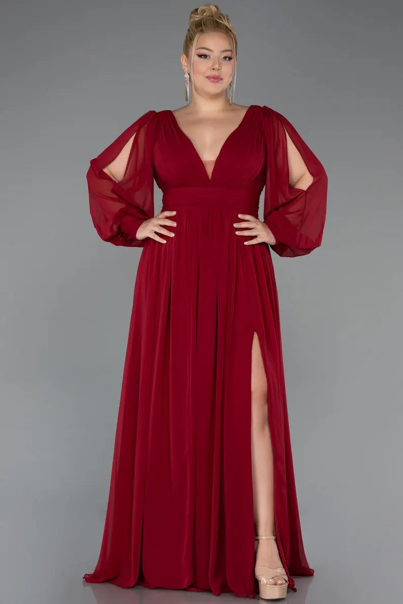 Romantic Chiffon Evening Dress with V-Neck, Sheer Puff Sleeves and High Slit