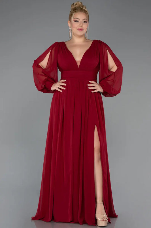Romantic Chiffon Evening Dress with V-Neck, Sheer Puff Sleeves and High Slit