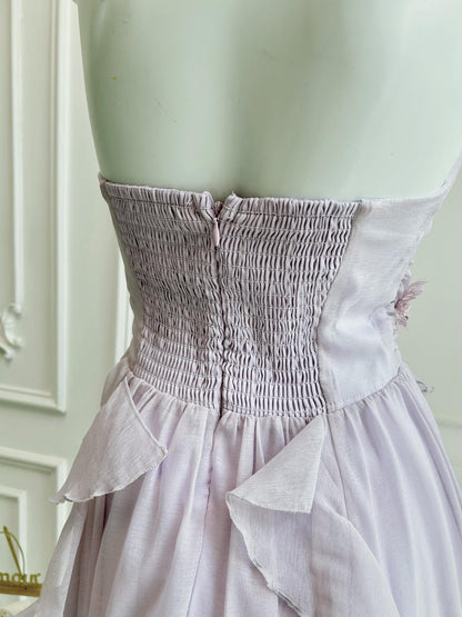 Romantic Chiffon Halter Evening Dress with Ruffles, Floral Accent and Smocked Back