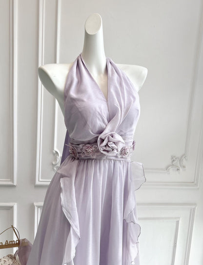 Romantic Chiffon Halter Evening Dress with Ruffles, Floral Accent and Smocked Back
