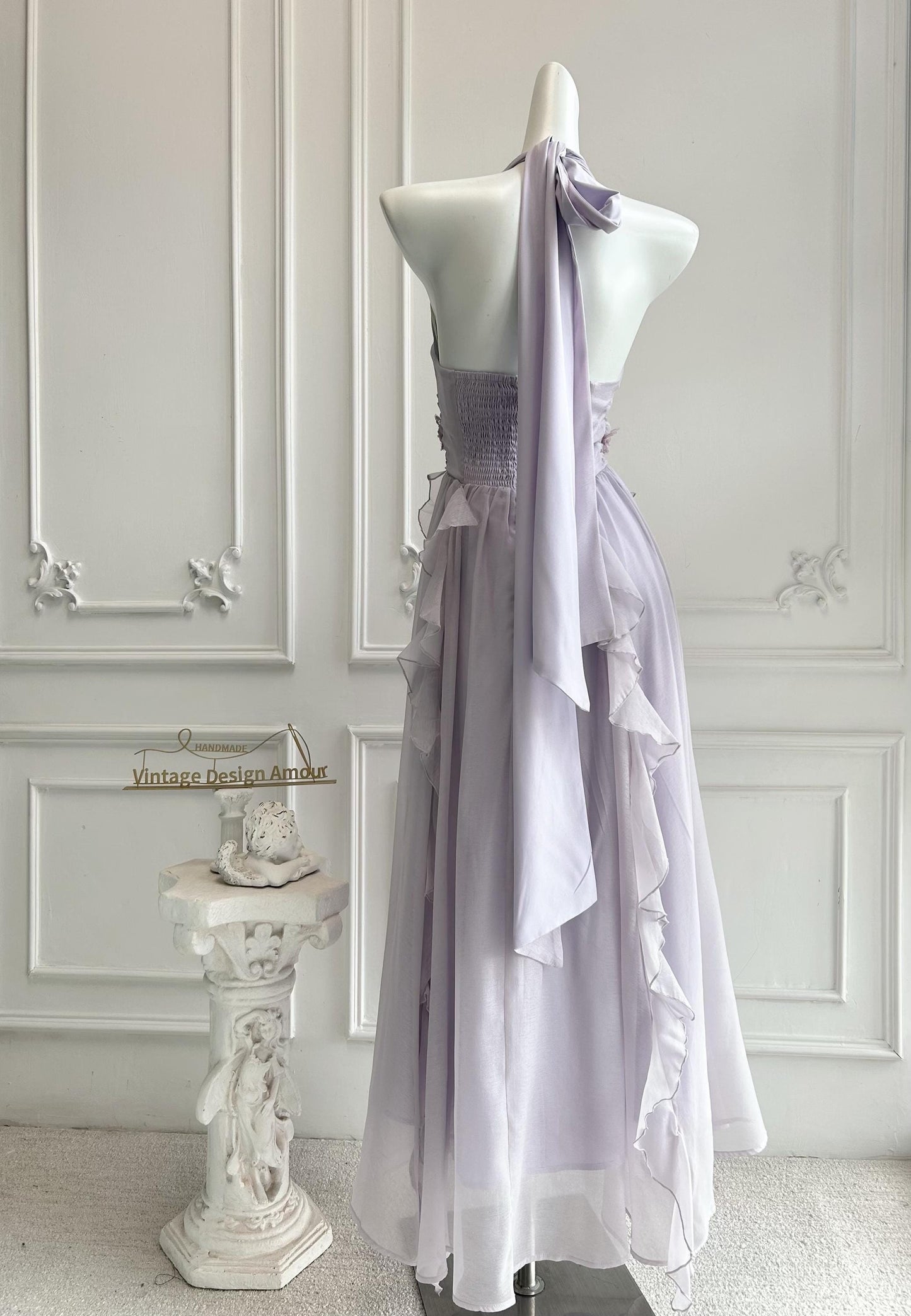 Romantic Chiffon Halter Evening Dress with Ruffles, Floral Accent and Smocked Back