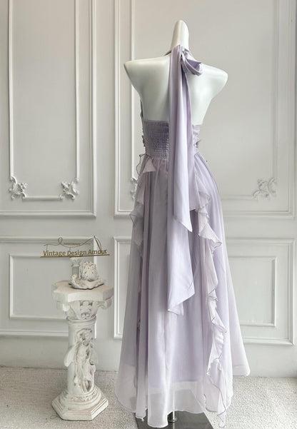 Romantic Chiffon Halter Evening Dress with Ruffles, Floral Accent and Smocked Back