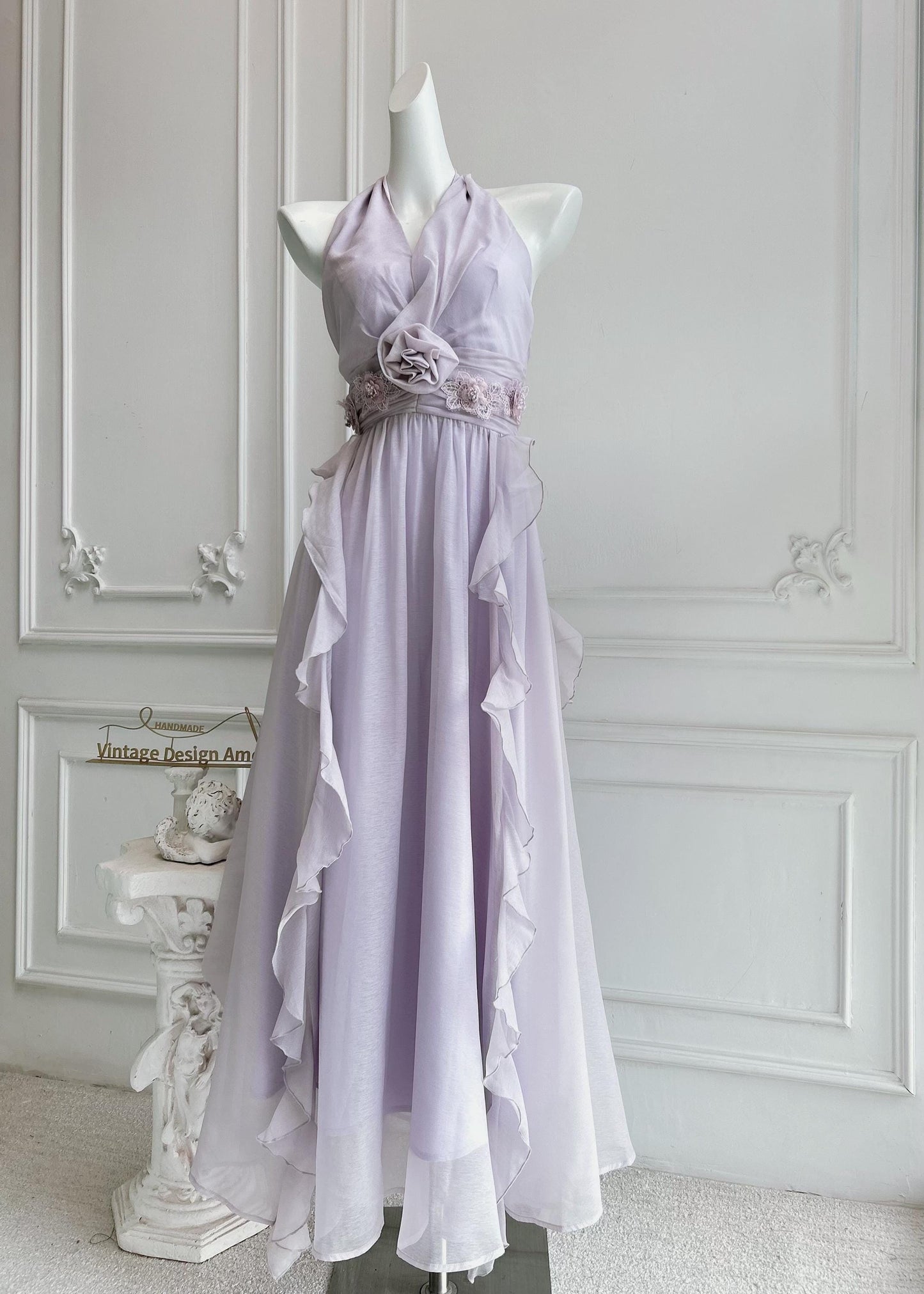 Romantic Chiffon Halter Evening Dress with Ruffles, Floral Accent and Smocked Back
