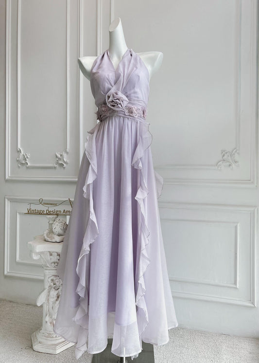 Romantic Chiffon Halter Evening Dress with Ruffles, Floral Accent and Smocked Back