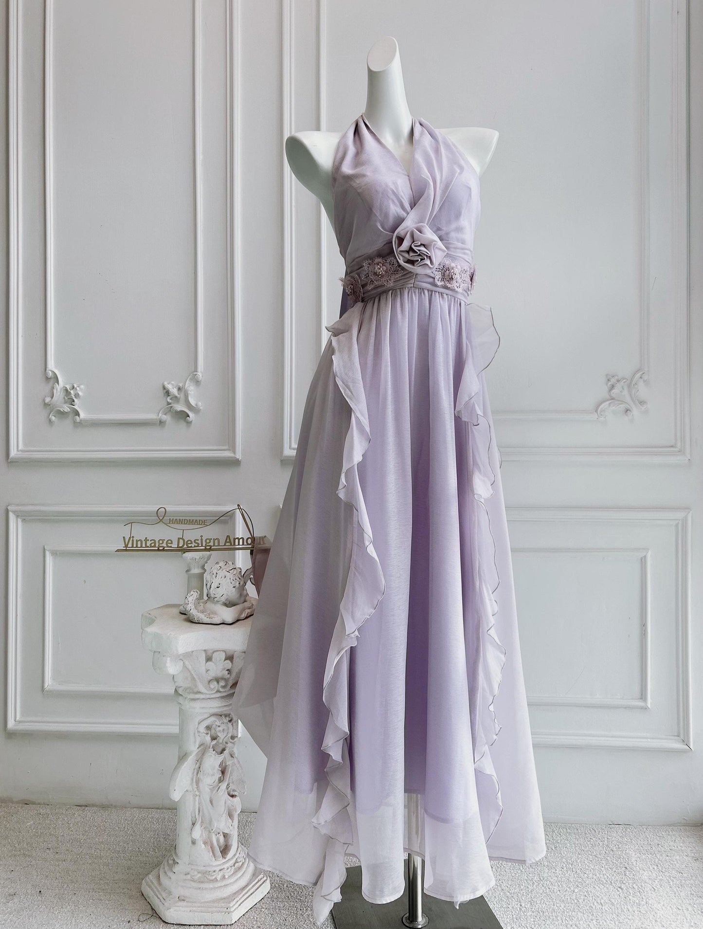 Romantic Chiffon Halter Evening Dress with Ruffles, Floral Accent and Smocked Back
