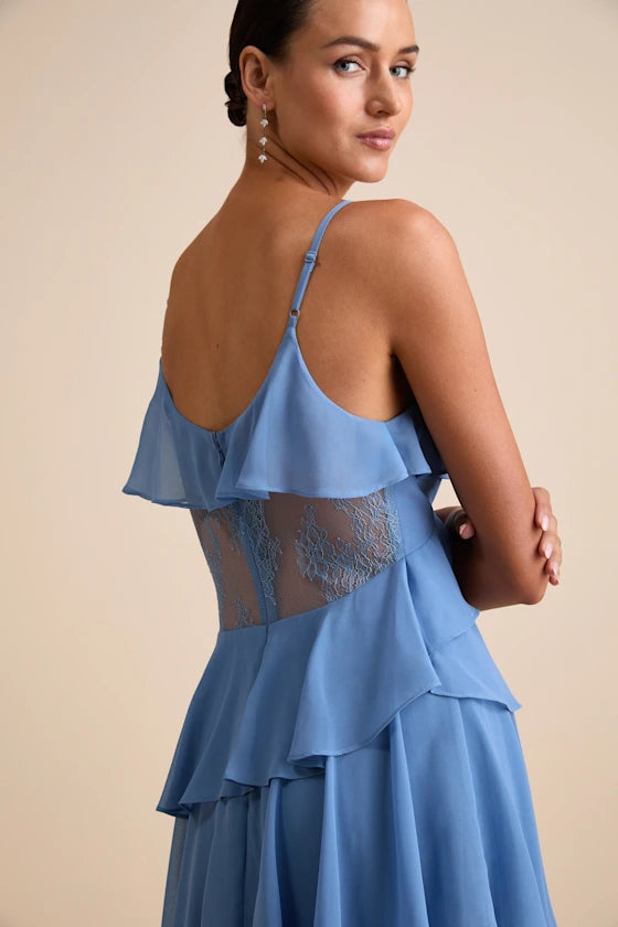 Romantic Chiffon Ruffled Evening Dresses with Lace Corset Waist, V-Neck and Asymmetrical High Slit Formal Gown