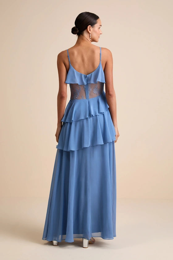Romantic Chiffon Ruffled Evening Dresses with Lace Corset Waist, V-Neck and Asymmetrical High Slit Formal Gown