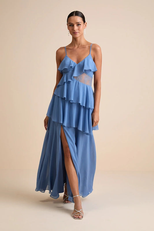 Romantic Chiffon Ruffled Evening Dresses with Lace Corset Waist, V-Neck and Asymmetrical High Slit Formal Gown