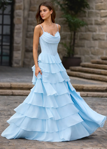 Romantic Chiffon Spaghetti Strap Cowl Neck Lace Appliqué Corset Ruffled High Slit Train Prom Dress