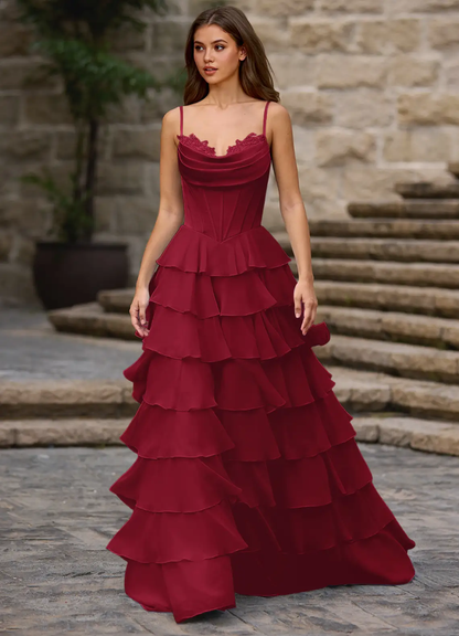 Romantic Chiffon Spaghetti Strap Cowl Neck Lace Appliqué Corset Ruffled High Slit Train Prom Dress