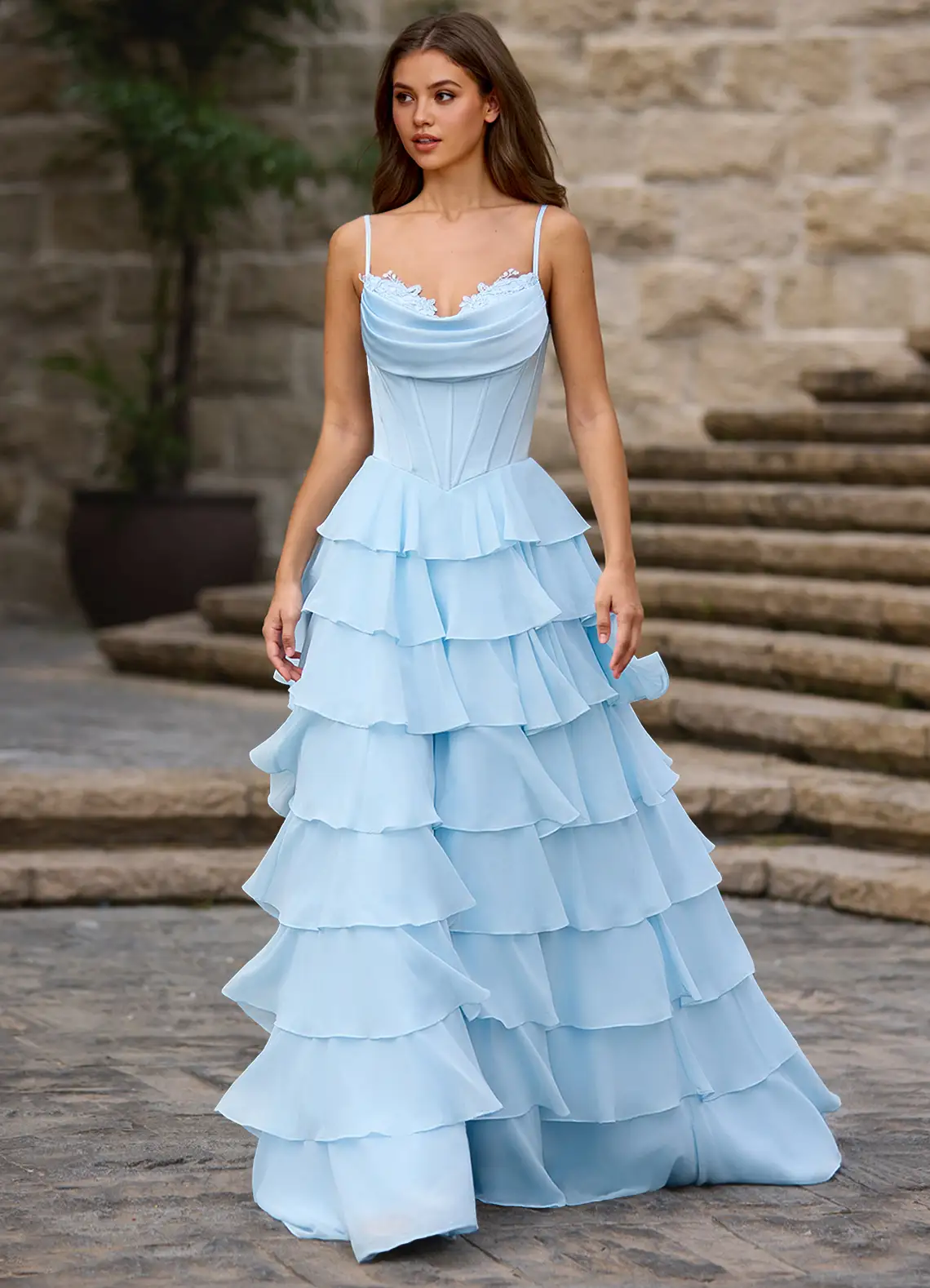 Romantic Chiffon Spaghetti Strap Cowl Neck Lace Appliqué Corset Ruffled High Slit Train Prom Dress