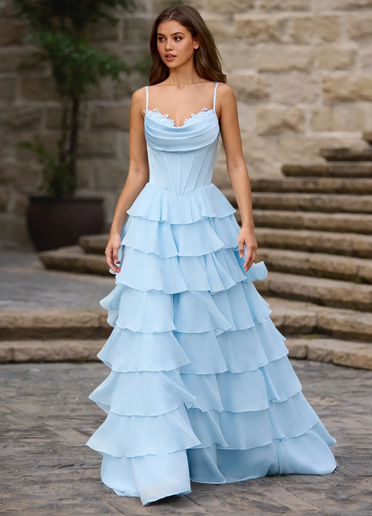 Romantic Chiffon Spaghetti Strap Cowl Neck Lace Appliqué Corset Ruffled High Slit Train Prom Dress