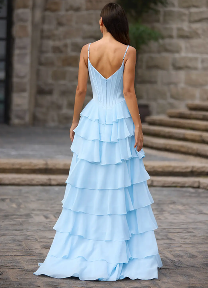 Romantic Chiffon Spaghetti Strap Cowl Neck Lace Appliqué Corset Ruffled High Slit Train Prom Dress