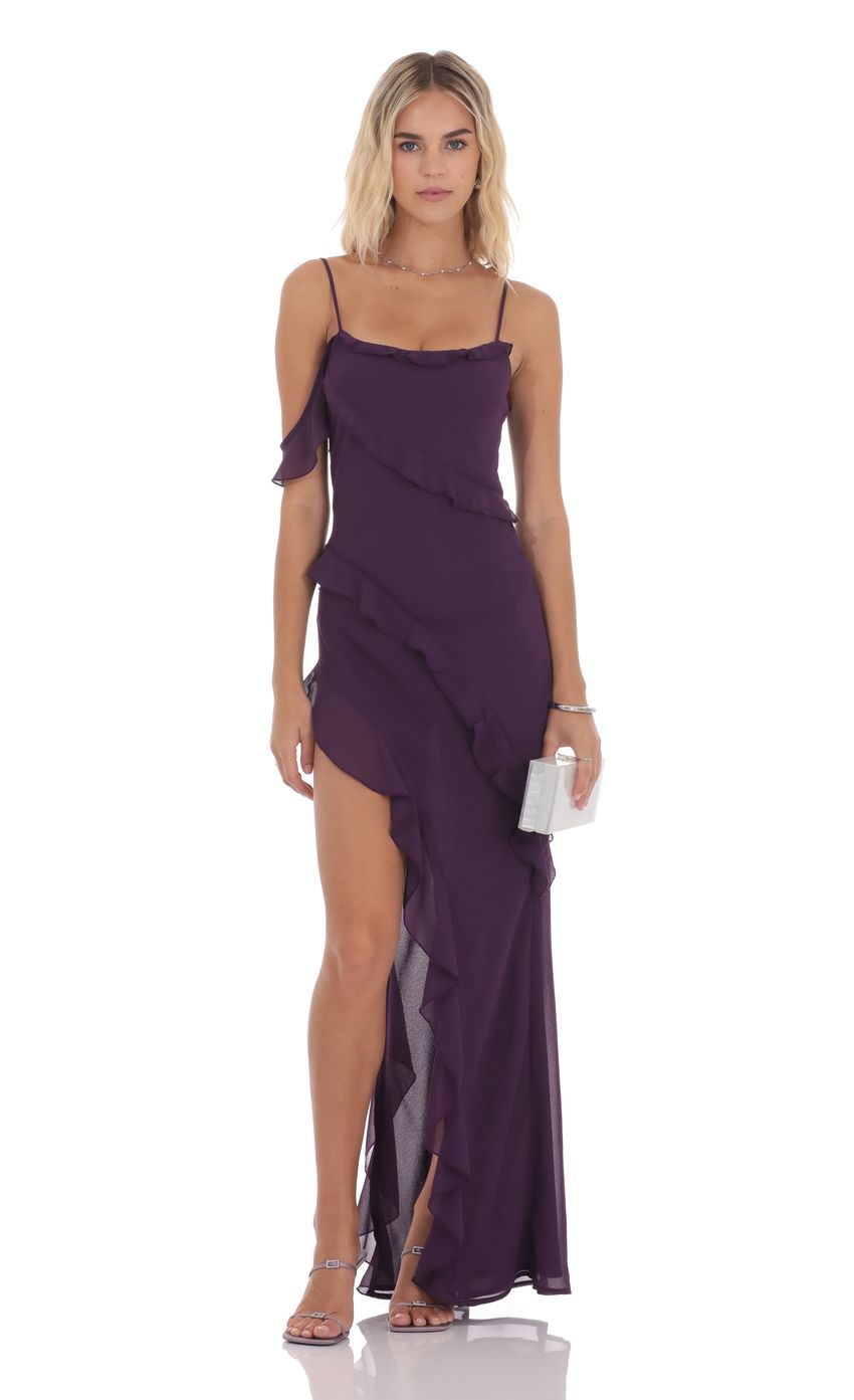 Romantic Cold-Shoulder Ruffled Chiffon Evening Dress with High Slit & Open Back