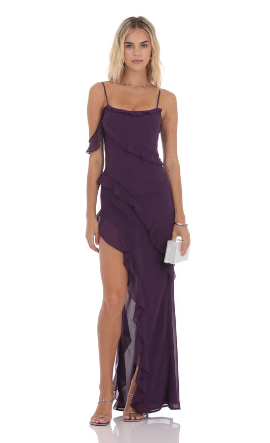 Romantic Cold-Shoulder Ruffled Chiffon Evening Dress with High Slit & Open Back