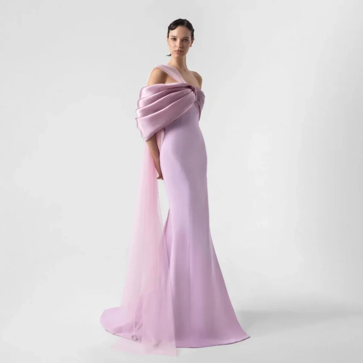 Romantic Crepe Satin Mermaid One-Shoulder Oversized Bow Tulle Train High Slit Floor-Length Evening Dress for Formal Events