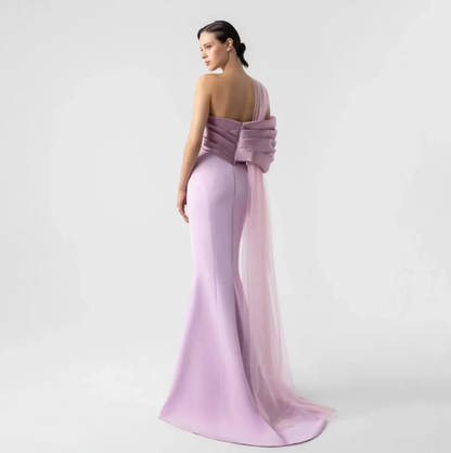 Romantic Crepe Satin Mermaid One-Shoulder Oversized Bow Tulle Train High Slit Floor-Length Evening Dress for Formal Events
