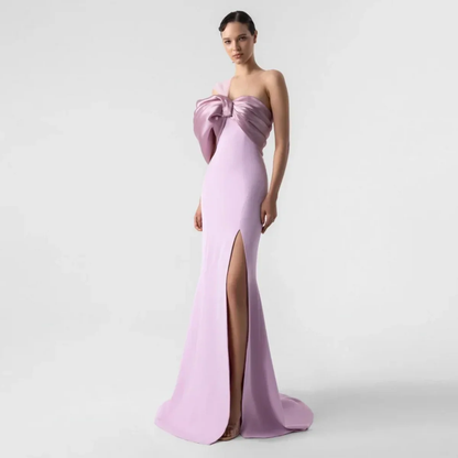 Romantic Crepe Satin Mermaid One-Shoulder Oversized Bow Tulle Train High Slit Floor-Length Evening Dress for Formal Events