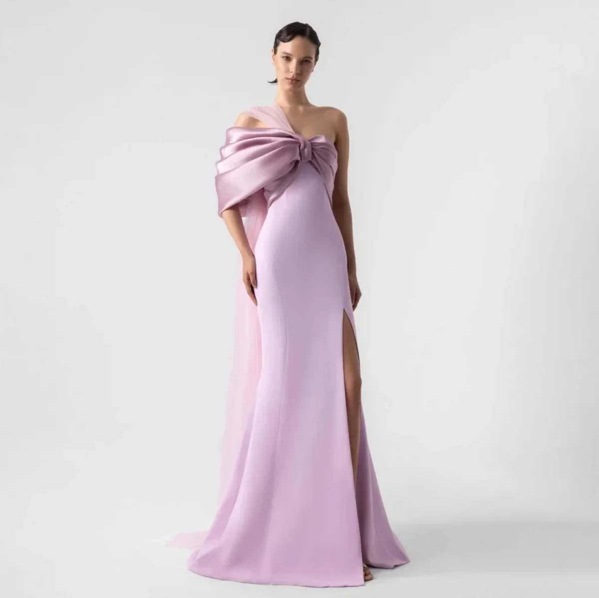 Romantic Crepe Satin Mermaid One-Shoulder Oversized Bow Tulle Train High Slit Floor-Length Evening Dress for Formal Events