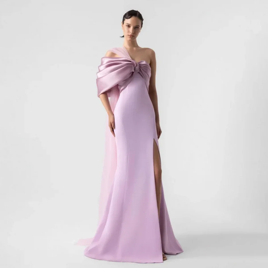 Romantic Crepe Satin Mermaid One-Shoulder Oversized Bow Tulle Train High Slit Floor-Length Evening Dress for Formal Events