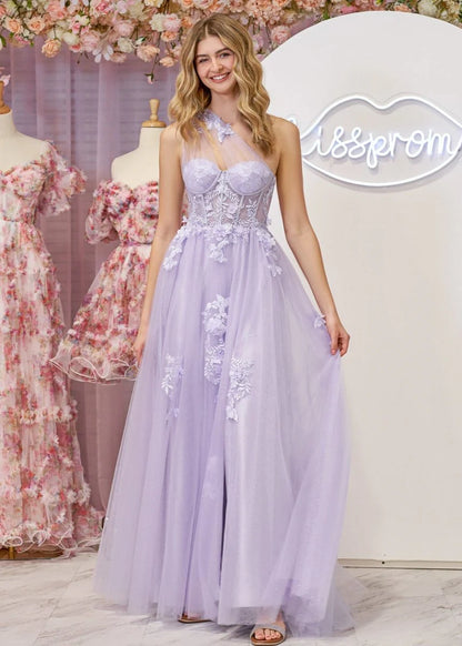 Romantic Dreamy Floral Lace Appliqué A-Line Silhouette One-Shoulder Sheer Tulle Strap Lace-Up Corset Back Floor-Length with Train Prom Dress