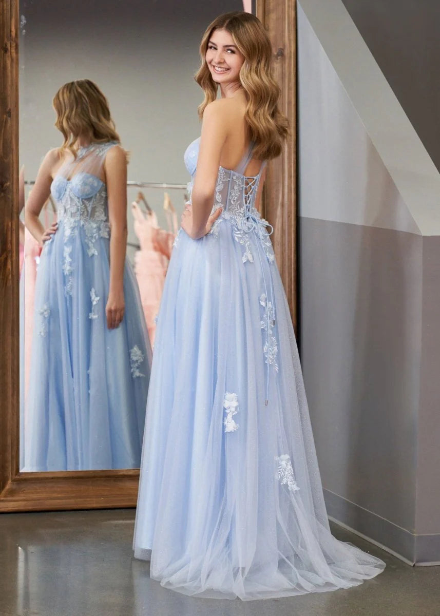 Romantic Dreamy Floral Lace Appliqué A-Line Silhouette One-Shoulder Sheer Tulle Strap Lace-Up Corset Back Floor-Length with Train Prom Dress