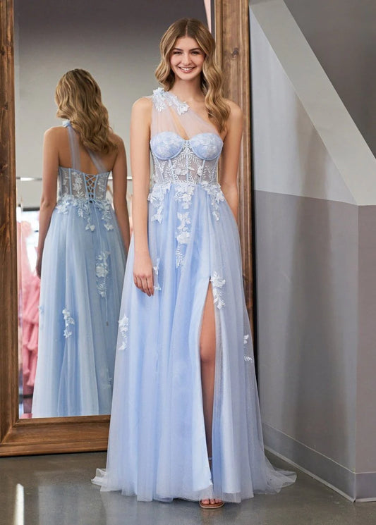 Romantic Dreamy Floral Lace Appliqué A-Line Silhouette One-Shoulder Sheer Tulle Strap Lace-Up Corset Back Floor-Length with Train Prom Dress
