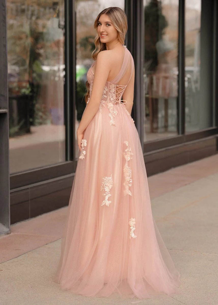 Romantic Dreamy Floral Lace Appliqué A-Line Silhouette One-Shoulder Sheer Tulle Strap Lace-Up Corset Back Floor-Length with Train Prom Dress