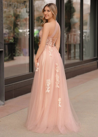 Romantic Dreamy Floral Lace Appliqué A-Line Silhouette One-Shoulder Sheer Tulle Strap Lace-Up Corset Back Floor-Length with Train Prom Dress