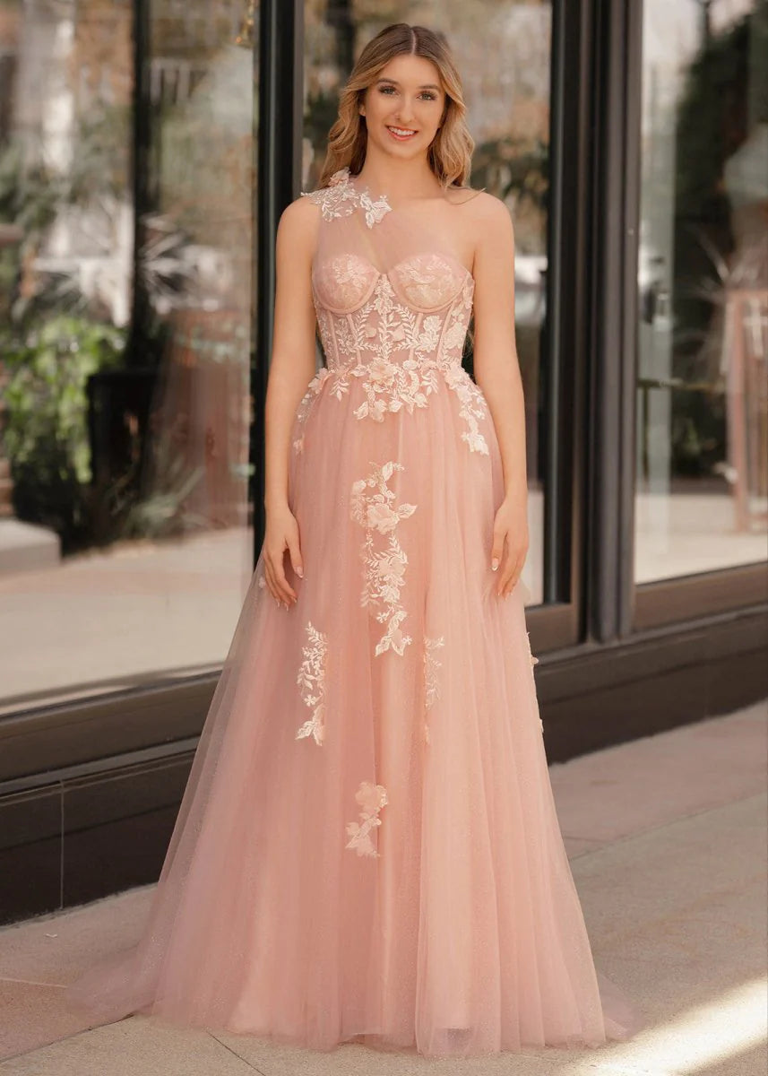 Romantic Dreamy Floral Lace Appliqué A-Line Silhouette One-Shoulder Sheer Tulle Strap Lace-Up Corset Back Floor-Length with Train Prom Dress