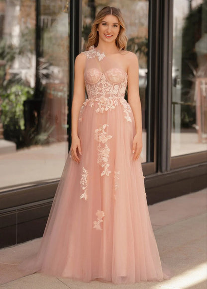 Romantic Dreamy Floral Lace Appliqué A-Line Silhouette One-Shoulder Sheer Tulle Strap Lace-Up Corset Back Floor-Length with Train Prom Dress