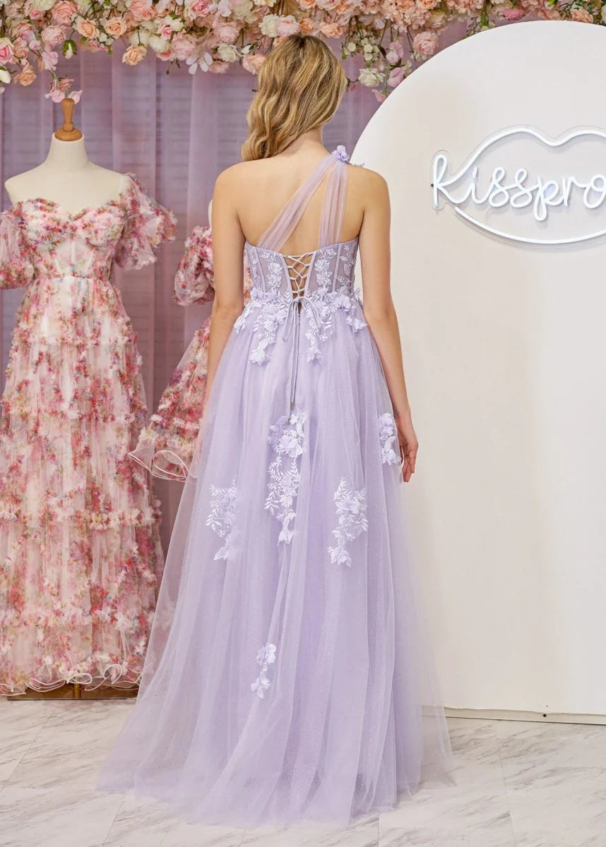 Romantic Dreamy Floral Lace Appliqué A-Line Silhouette One-Shoulder Sheer Tulle Strap Lace-Up Corset Back Floor-Length with Train Prom Dress