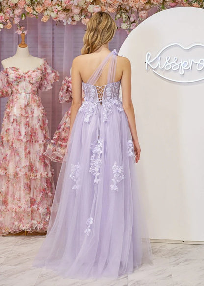 Romantic Dreamy Floral Lace Appliqué A-Line Silhouette One-Shoulder Sheer Tulle Strap Lace-Up Corset Back Floor-Length with Train Prom Dress