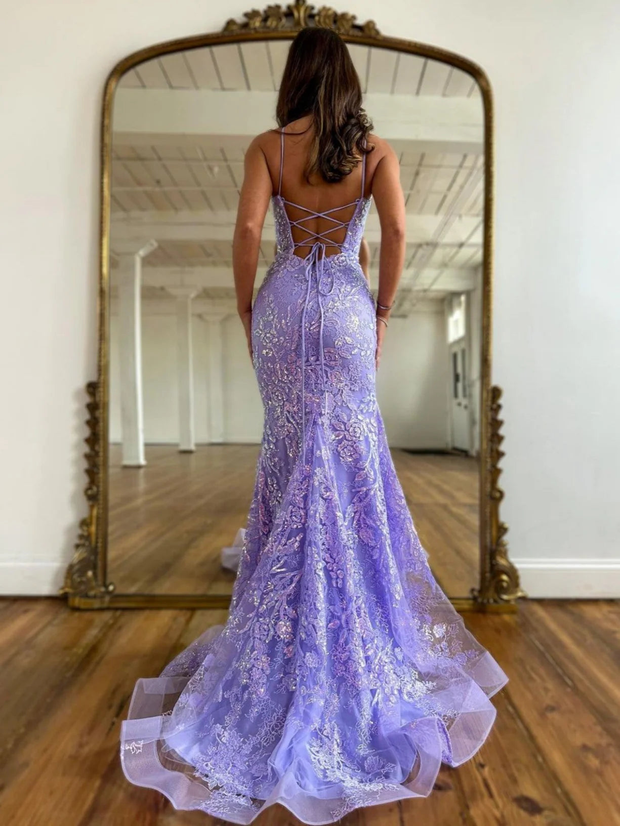 Romantic Ethereal Lavender Sparkly Sequin Mermaid Silhouette Square Neck Spaghetti Straps Lace-Up Crisscross Back Floor-Length with Train Prom Dress