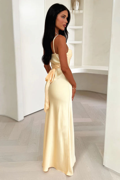 Romantic Flattering Satin Cowl Neck Spaghetti Strap Back Tie Waist Floor-Length Evening Dress