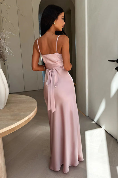 Romantic Flattering Satin Cowl Neck Spaghetti Strap Back Tie Waist Floor-Length Evening Dress