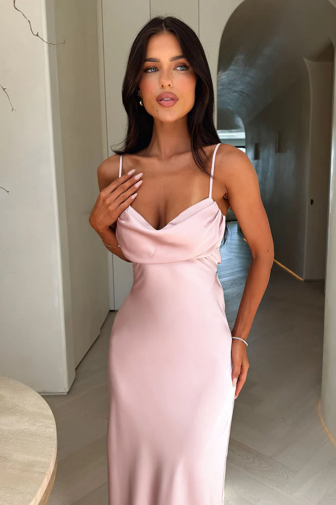 Romantic Flattering Satin Cowl Neck Spaghetti Strap Back Tie Waist Floor-Length Evening Dress