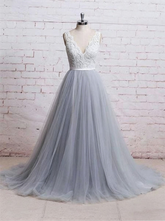 Romantic Floral Lace Sleeveless V-Neck Satin Waist Bow Back Flowy Tulle A-Line Bridesmaid Dress