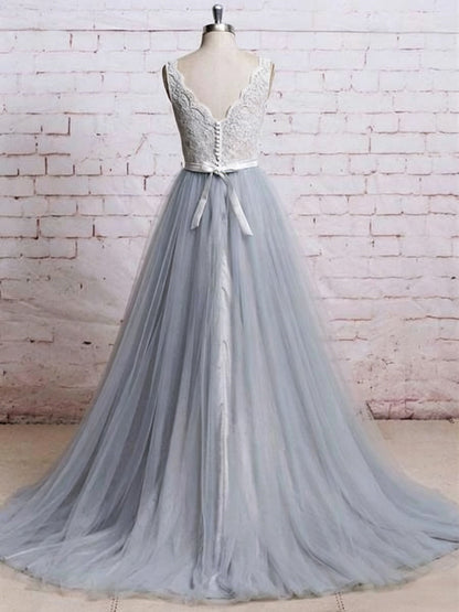 Romantic Floral Lace Sleeveless V-Neck Satin Waist Bow Back Flowy Tulle A-Line Bridesmaid Dress