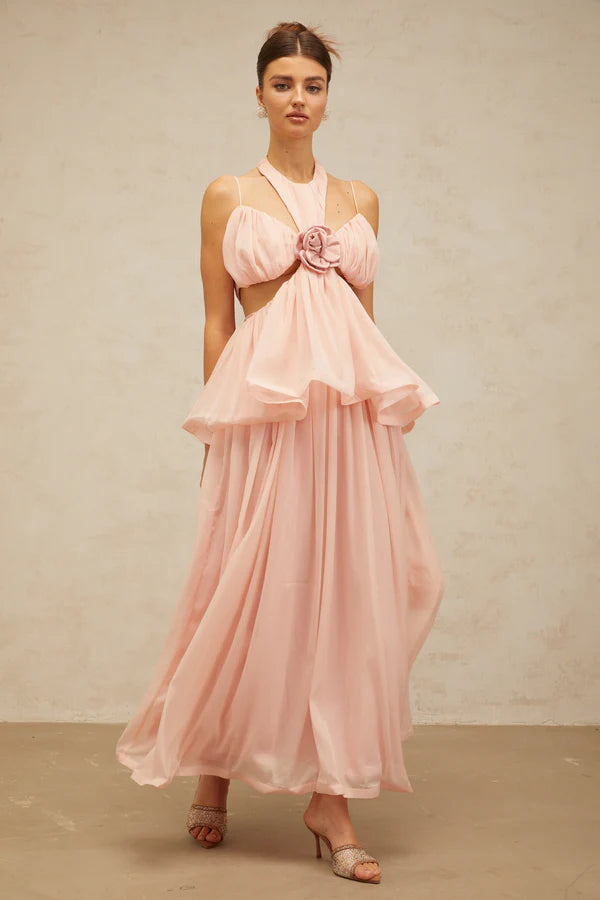 Romantic Flowy Halter Neck Spaghetti Strap Cut-Out Tiered Maxi Evening Dress