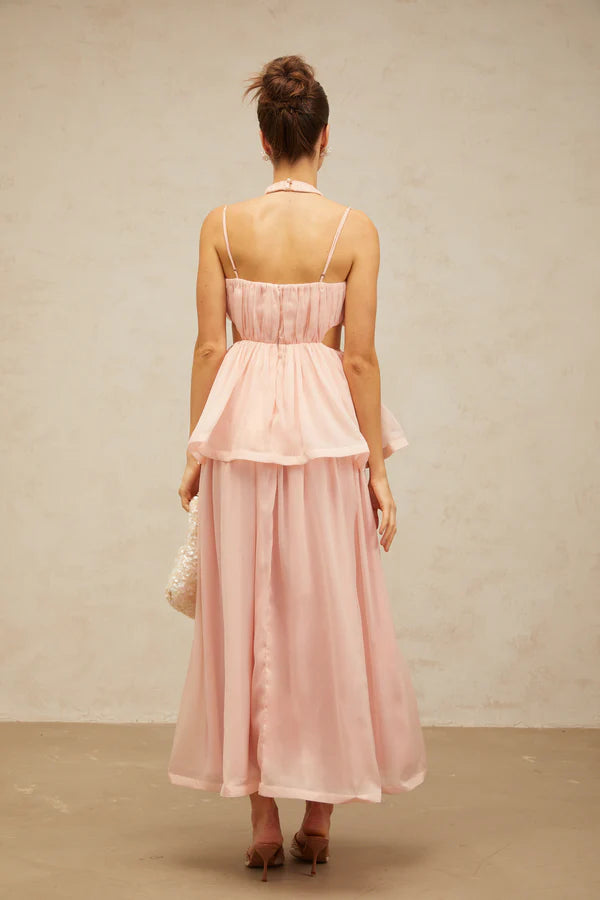 Romantic Flowy Halter Neck Spaghetti Strap Cut-Out Tiered Maxi Evening Dress