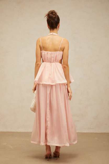 Romantic Flowy Halter Neck Spaghetti Strap Cut-Out Tiered Maxi Evening Dress
