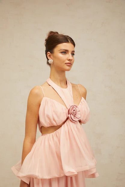 Romantic Flowy Halter Neck Spaghetti Strap Cut-Out Tiered Maxi Evening Dress