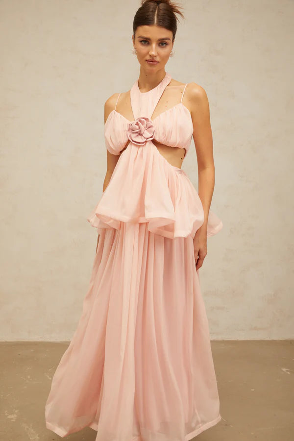 Romantic Flowy Halter Neck Spaghetti Strap Cut-Out Tiered Maxi Evening Dress