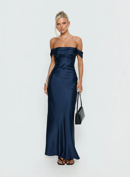 Romantic Form-Fitting Off-The-Shoulder Short Sleeve Open Back Satin Maxi Evening Dress