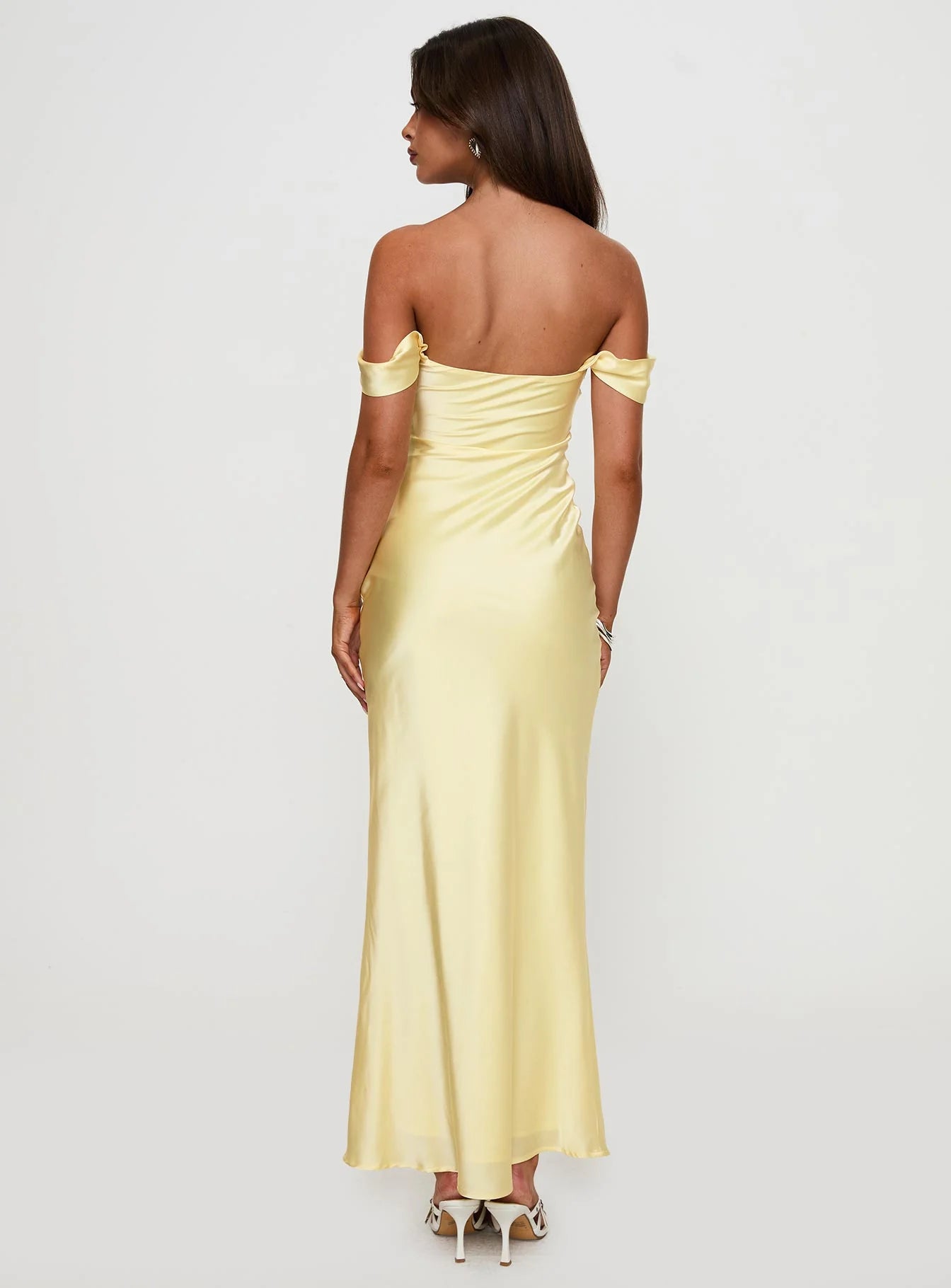 Romantic Form-Fitting Off-The-Shoulder Short Sleeve Open Back Satin Maxi Evening Dress