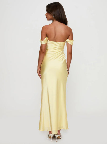 Romantic Form-Fitting Off-The-Shoulder Short Sleeve Open Back Satin Maxi Evening Dress