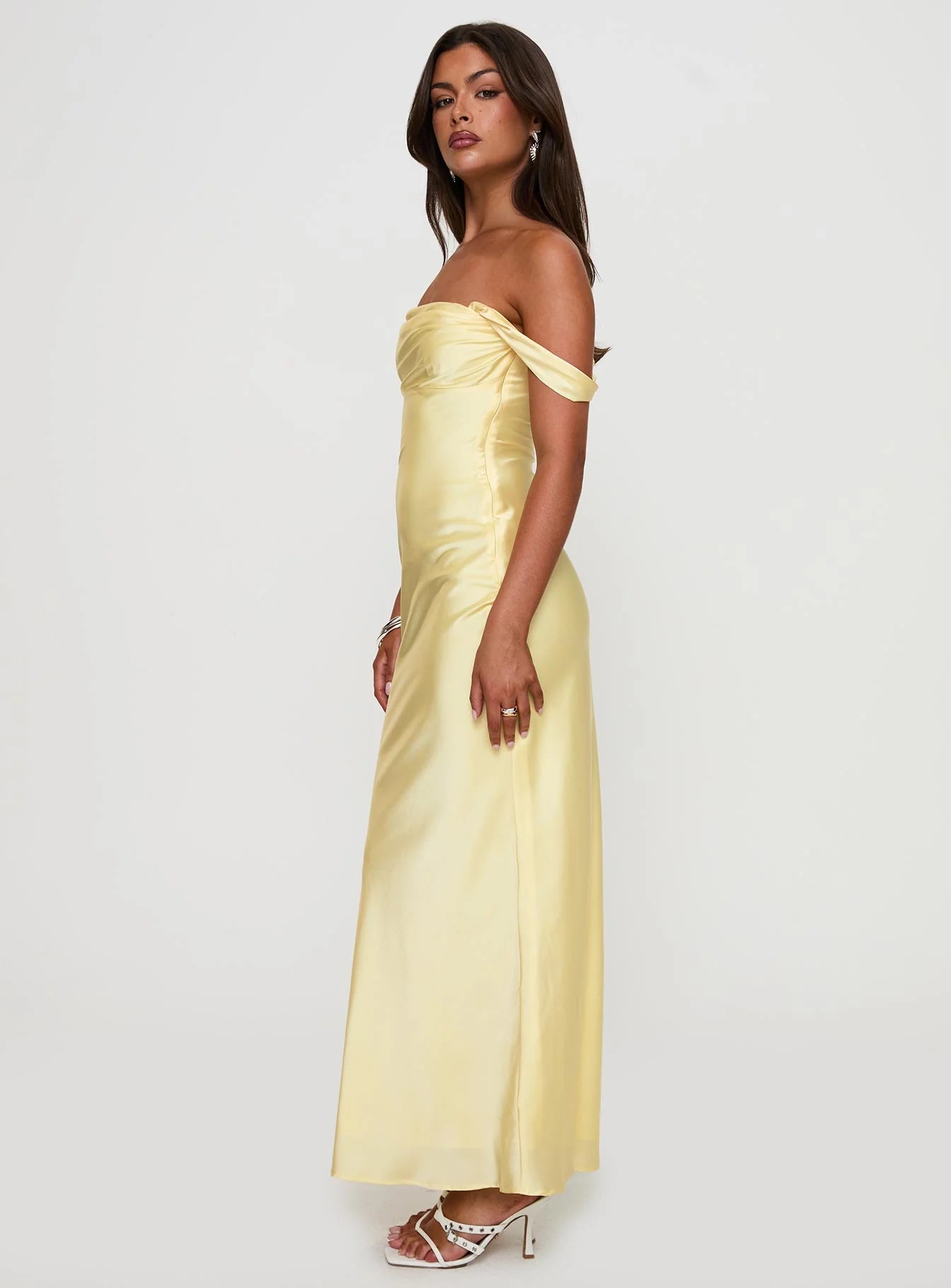 Romantic Form-Fitting Off-The-Shoulder Short Sleeve Open Back Satin Maxi Evening Dress
