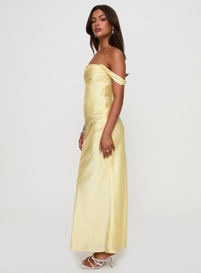 Romantic Form-Fitting Off-The-Shoulder Short Sleeve Open Back Satin Maxi Evening Dress